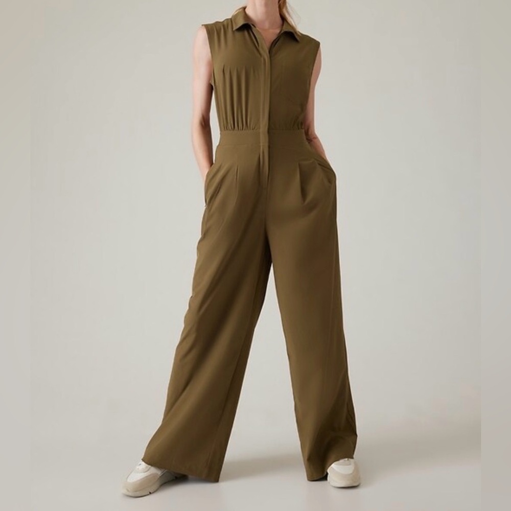 Athleta Olive Green Sleeveless Collared Jumpsuit